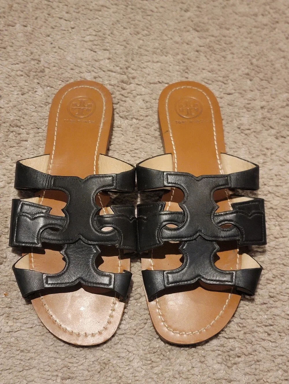 Tory Burch Anchor T-Strap Slide Sandals Black Size 7.5